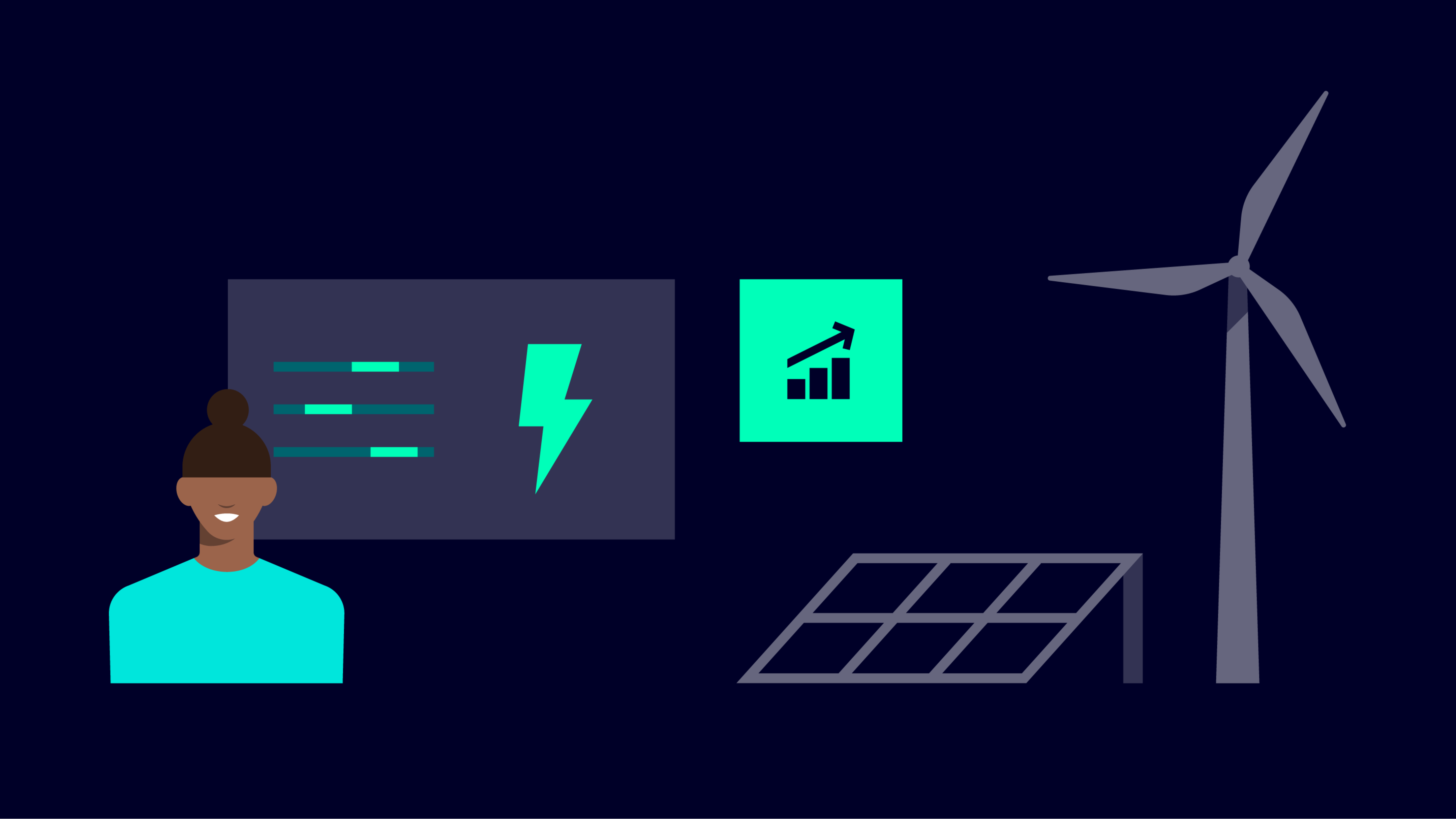 En operatør ved siden av digitale dashbord som viser energiberegninger, et solcellepanel og en vindturbin på mørk bakgrunn.