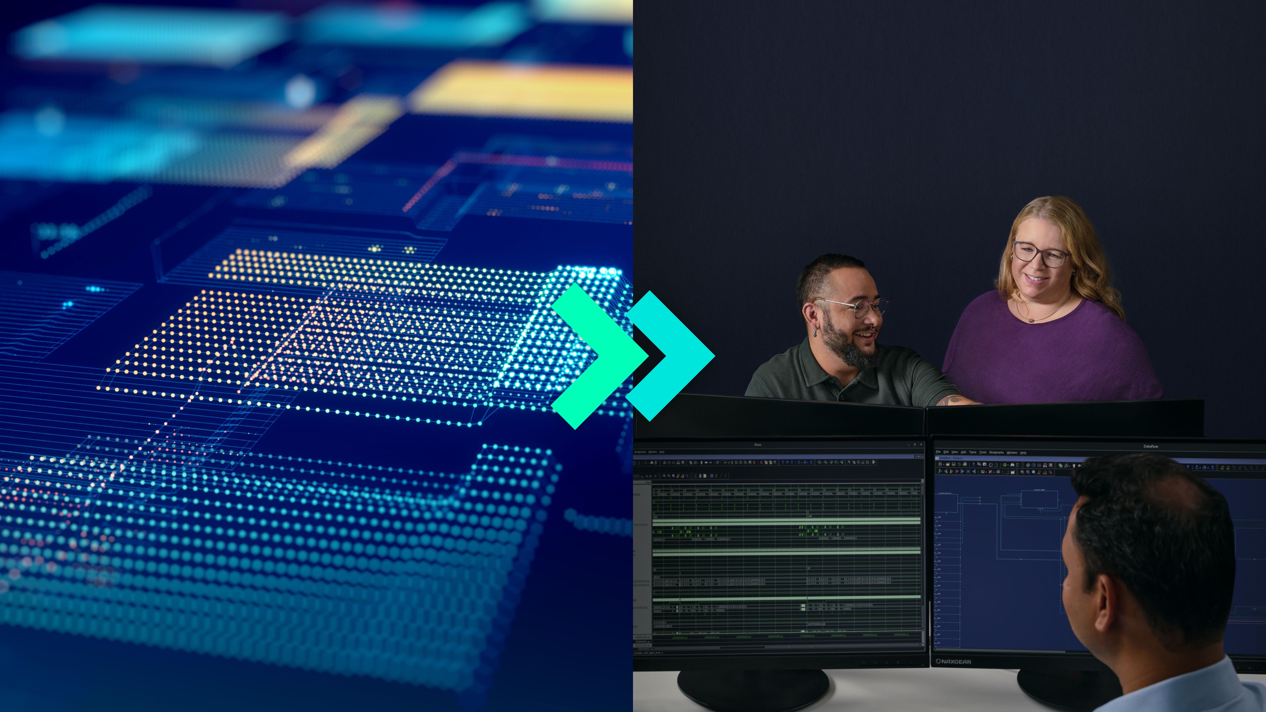 Een gesplitst beeld met een blauwe digitale microchip en drie onderzoekers die samen naar een laptopscherm kijken