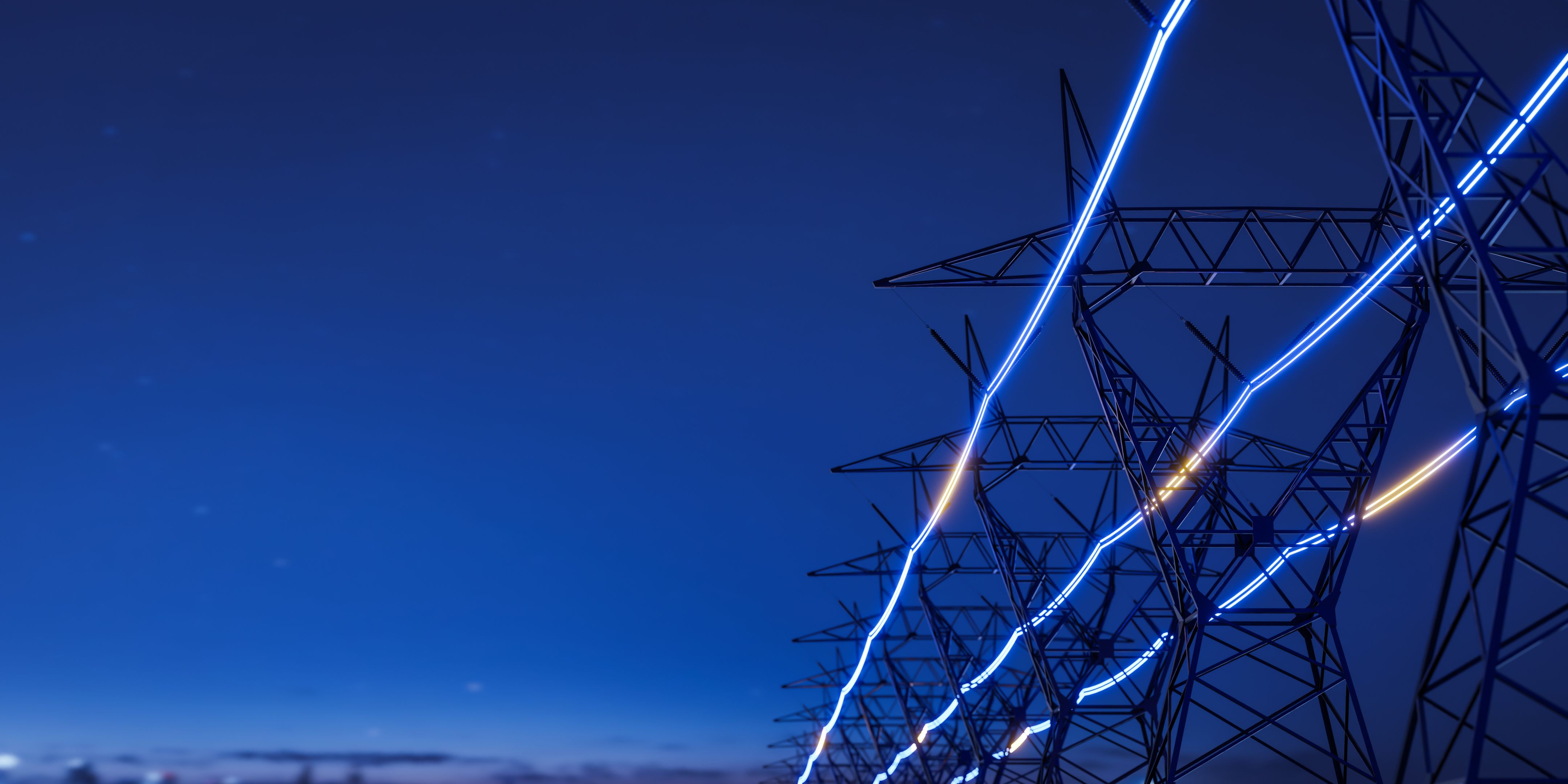 High-voltage transmission towers against a blue sky, with glowing blue and yellow lines suggesting electricity flowing.