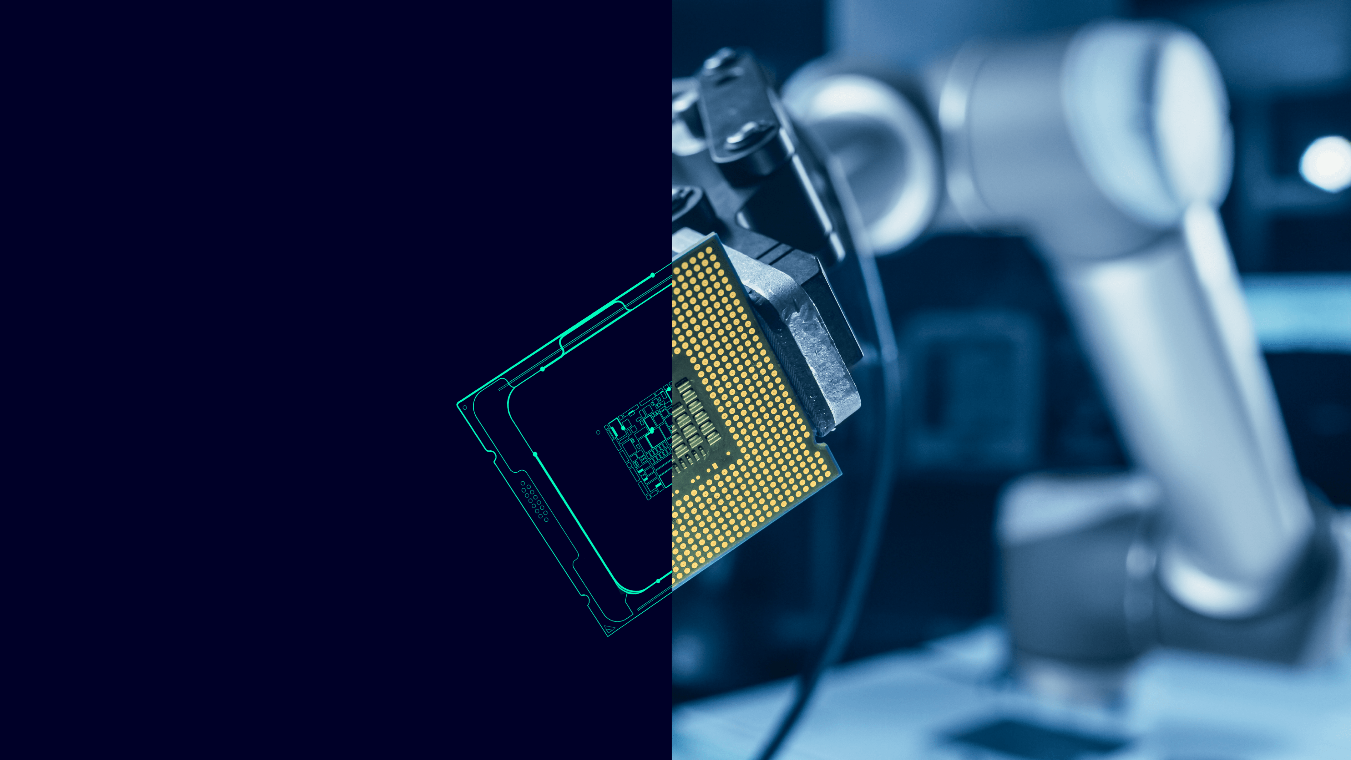 Robotic arm holding a semiconductor chip beside a digital wireframe overlay on a dark blue background.