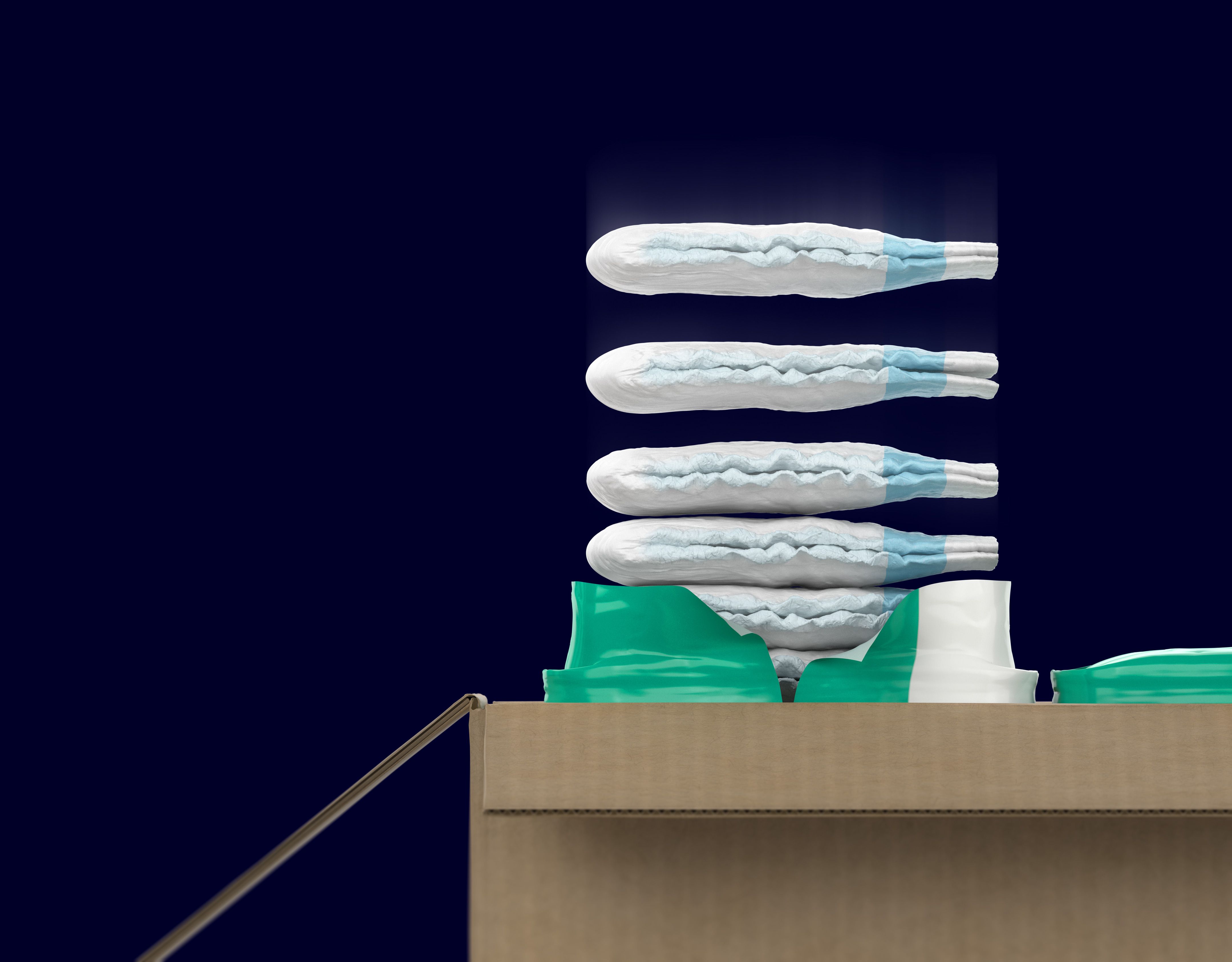 Non-food products such as baby diapers are packed for retail and shipping.