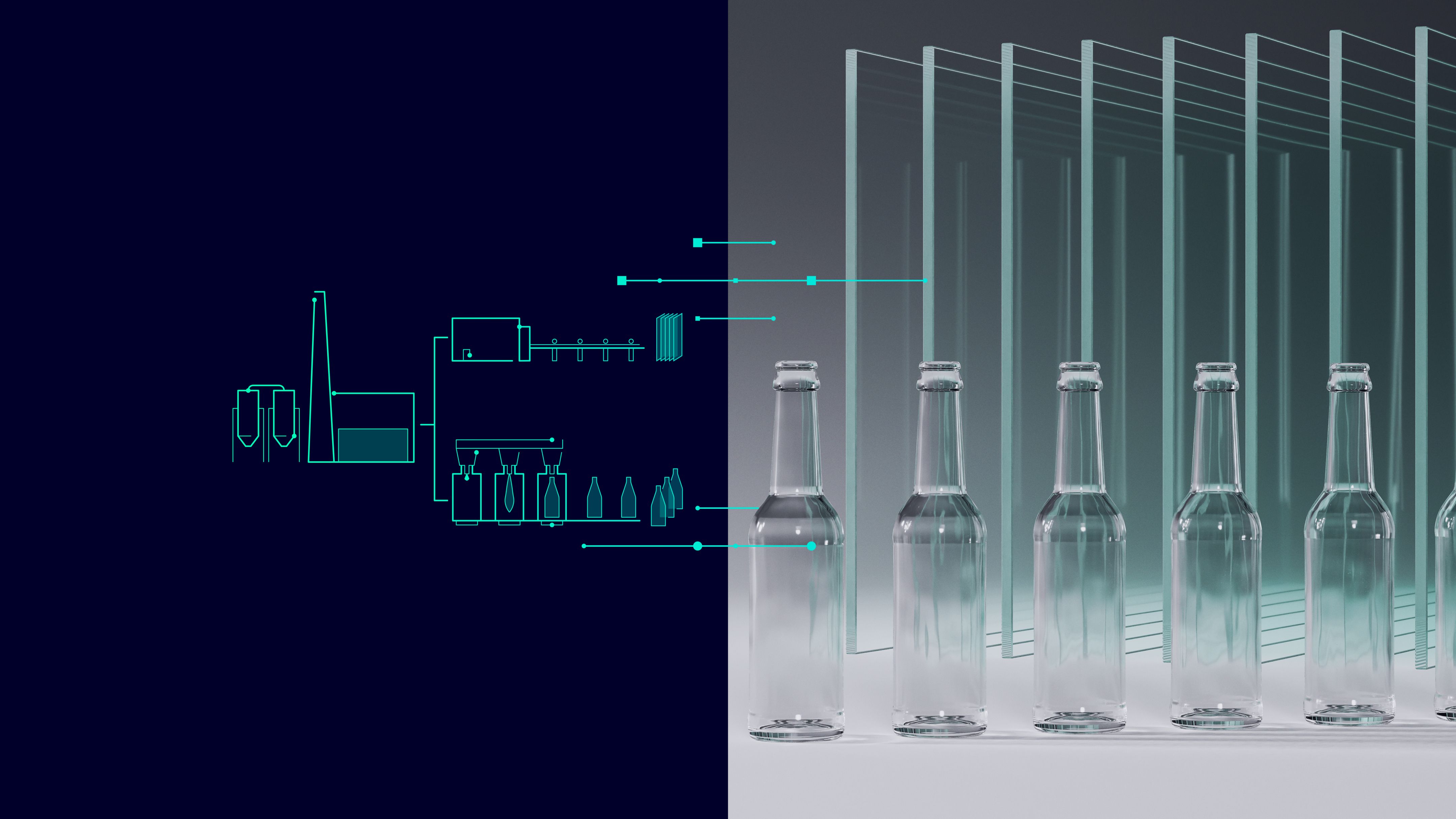 A digital illustration shows a factory process on the left and a row of glass bottles on the right.