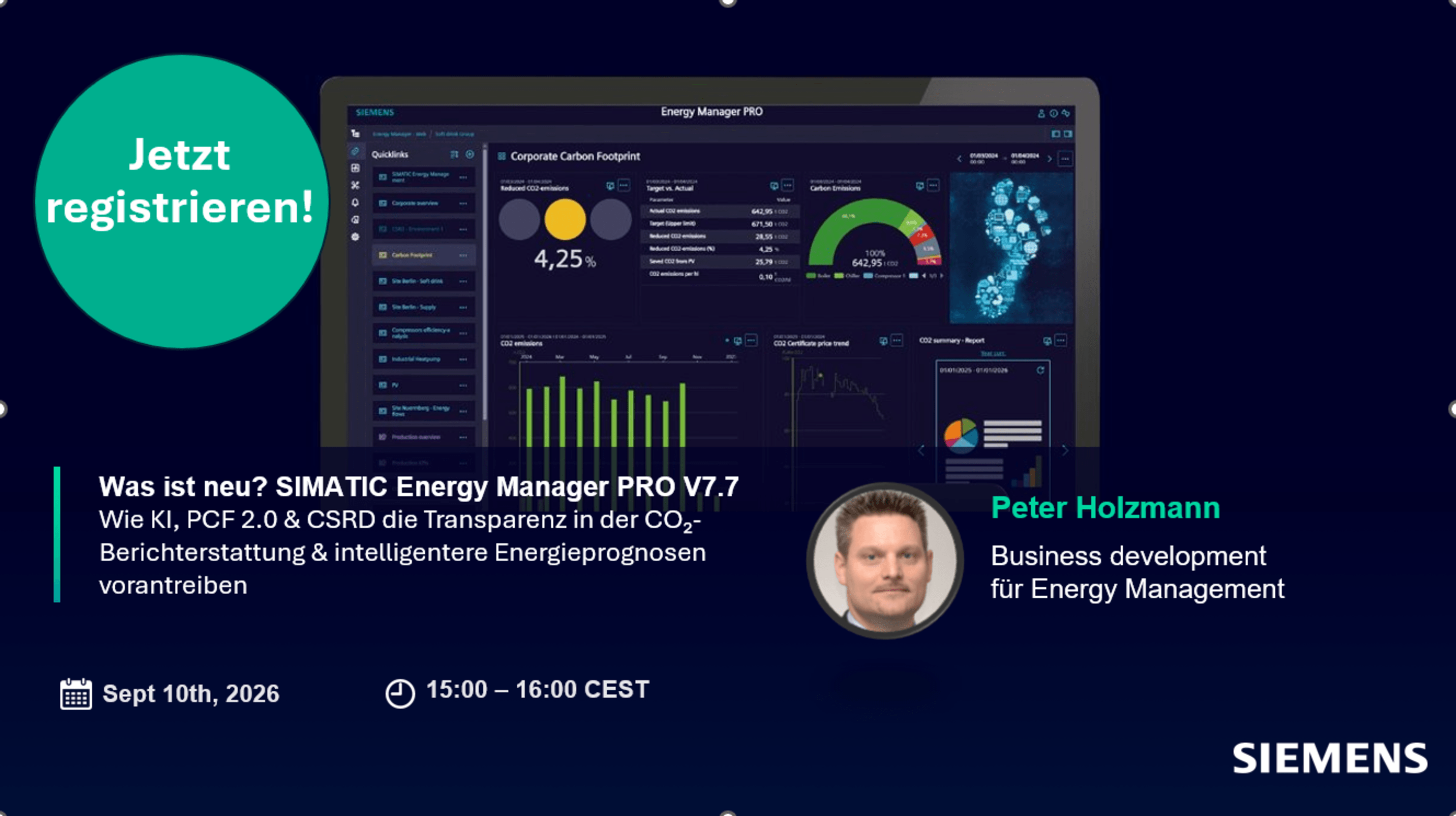 Key visual für das webinar: Was ist neu? SIMATIC Energy Manager PRO V7.7