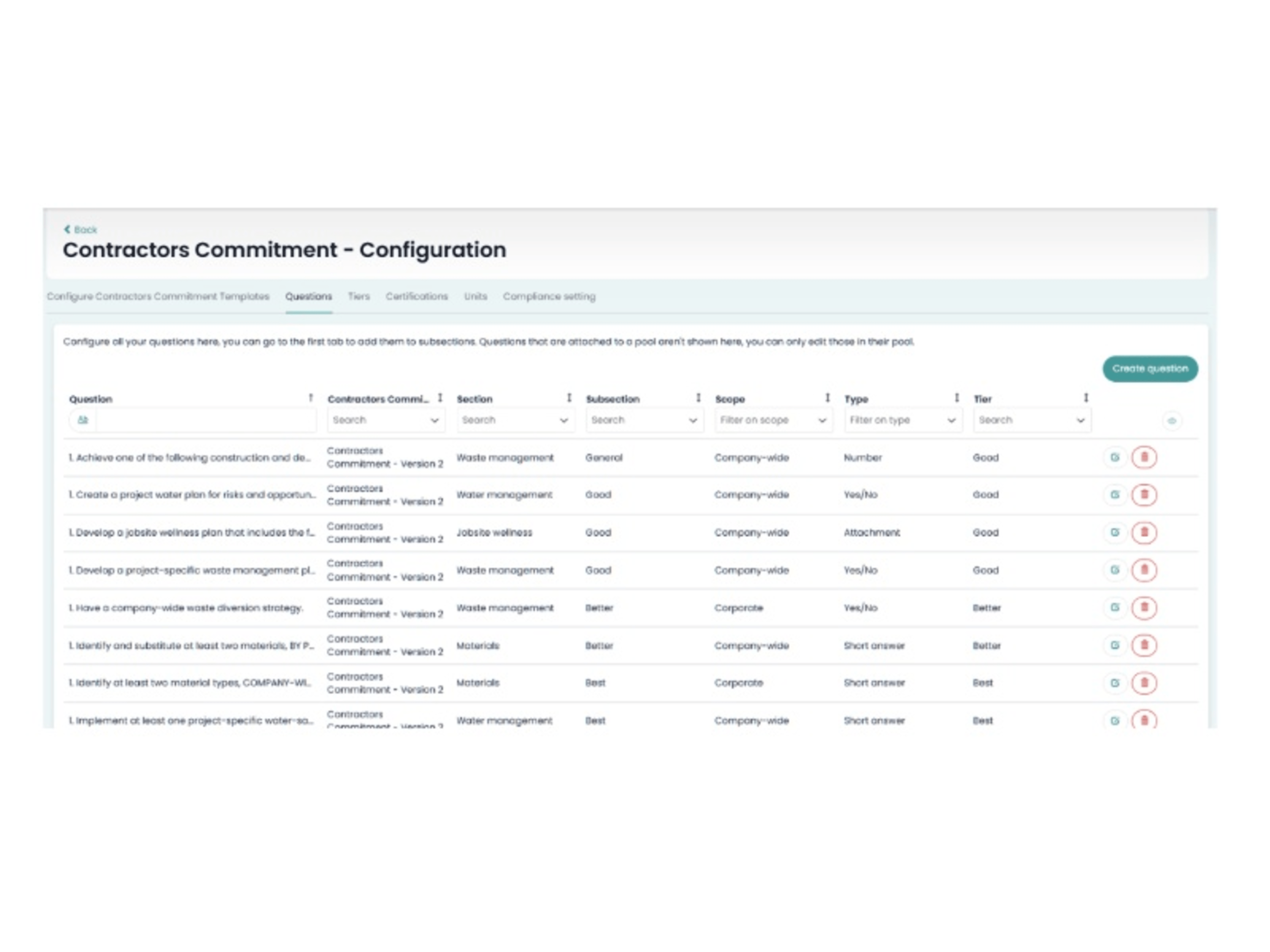 Contractors Commitment configuration screen
