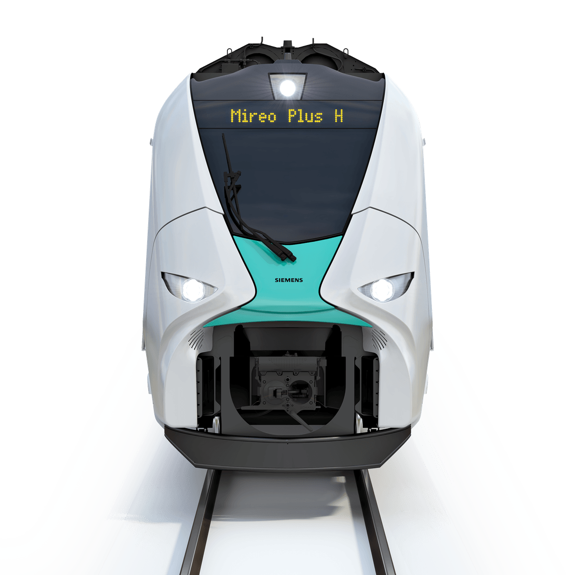 Čelní pohled na vodíkový vlak Mireo Plus H na bílém pozadí