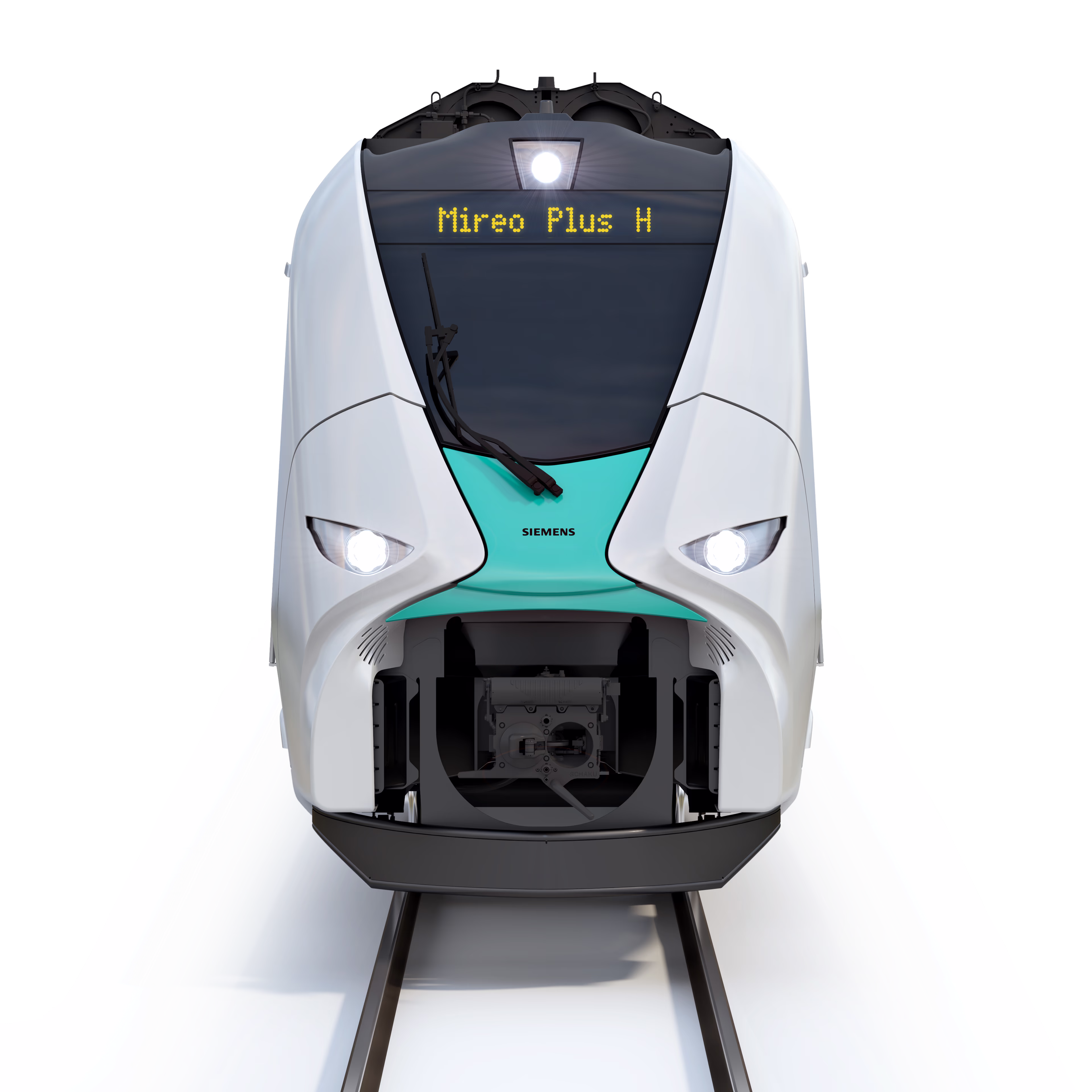Front view of the hydrogen train Mireo Plus H in front of white background Siemens Mobility hydrogen train Mireo Plus H