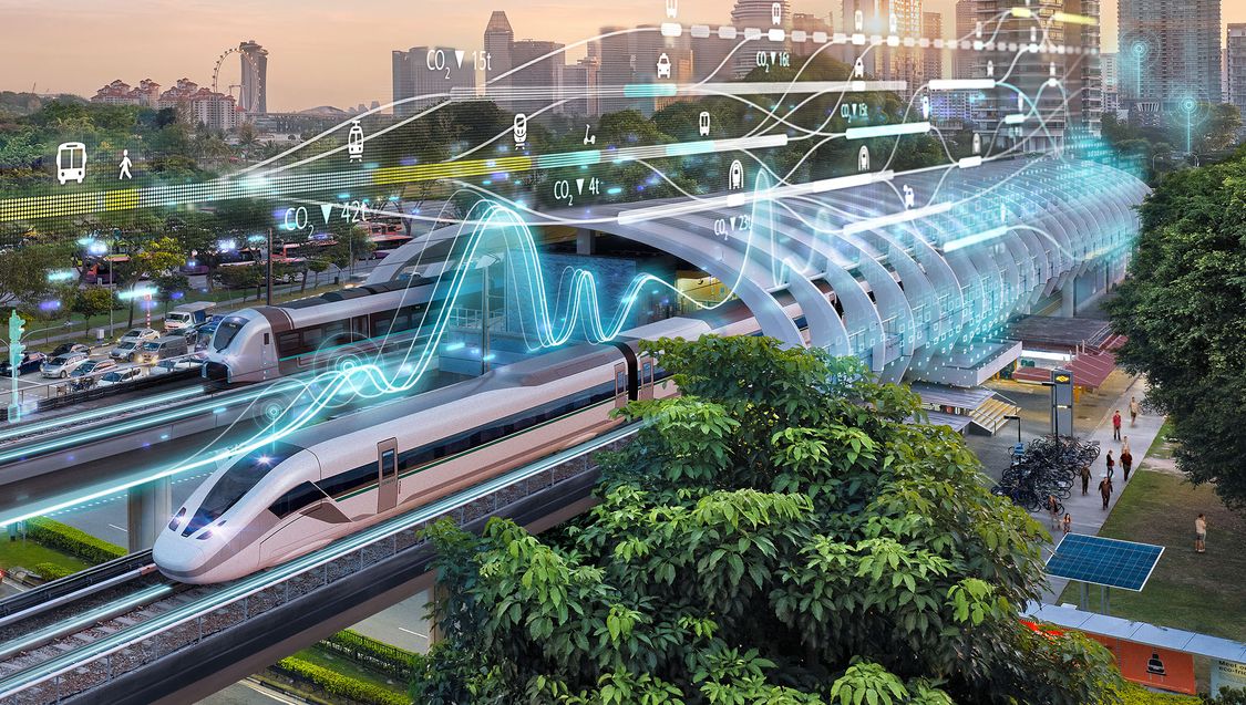  Ein moderner Bahnhof in einer modernen, grünen Stadt mit digitalen Grafikelementen aus der Außenperspektive