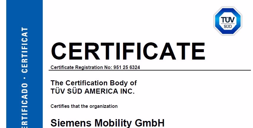 Certificate from TÜV SÜD for Siemens Mobility GmbH smo-certificate-tuv