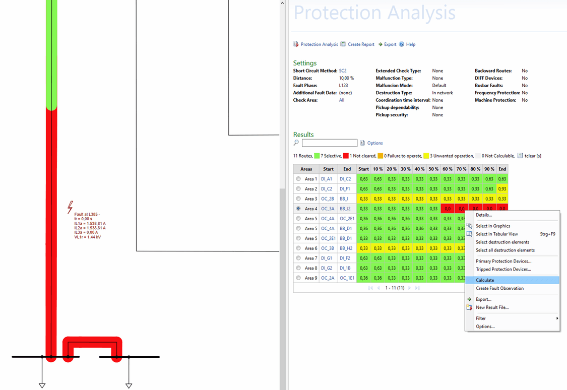 Start of the protection simulation for the in-depth analysis of one fault location directly from the result matrix 