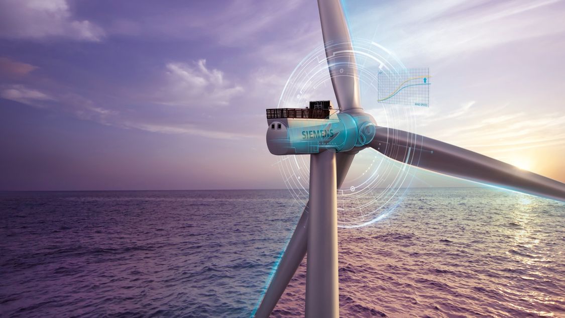 Offshore turbine with virtual layer in front of a sunset
