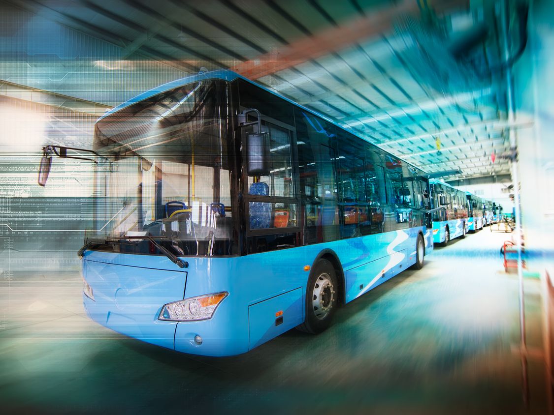 Blue transit buses lined up