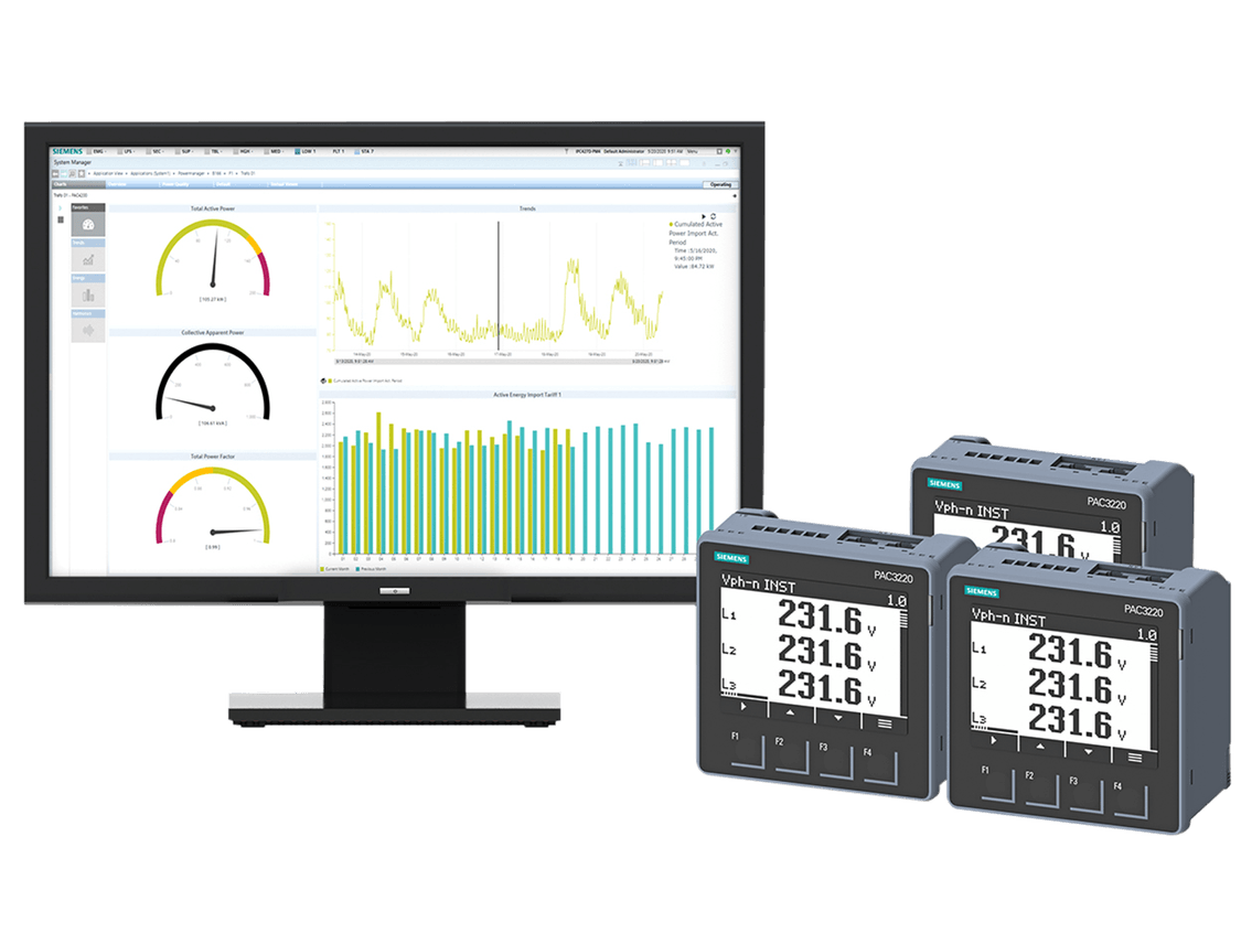 Three SENTRON 7KM PAC3220 measuring devices and SENTRON powermanager V6.X