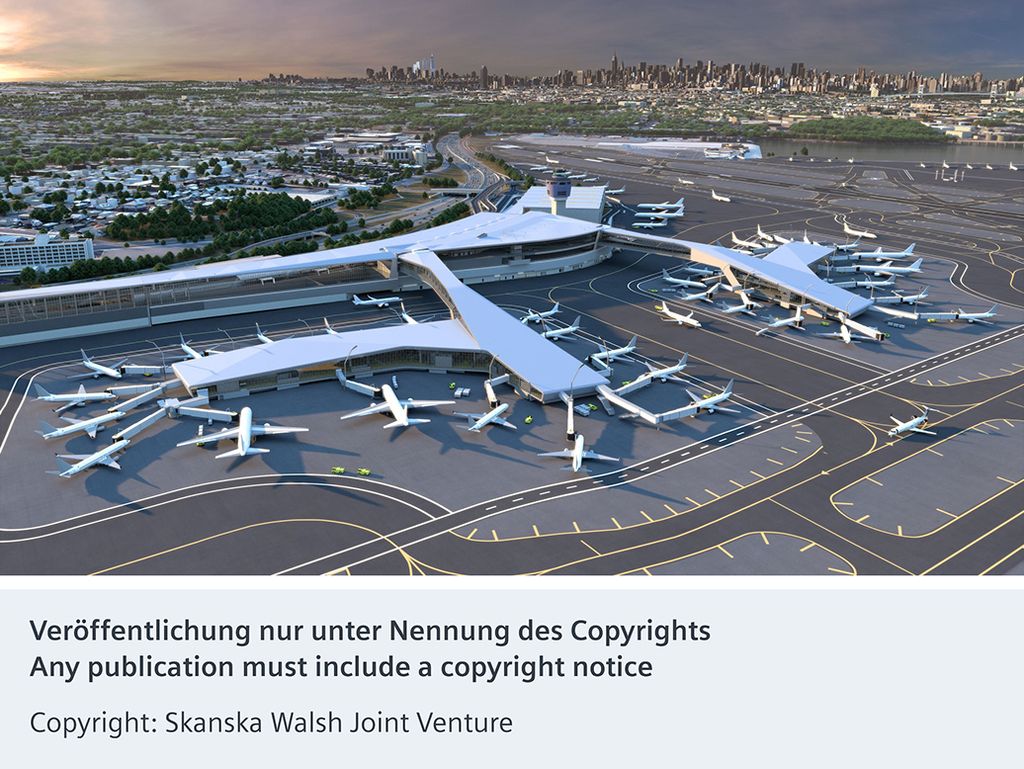 Das Bild zeigt eine Visualisierung des Terminalkomplex B, LaGuardia International Airport