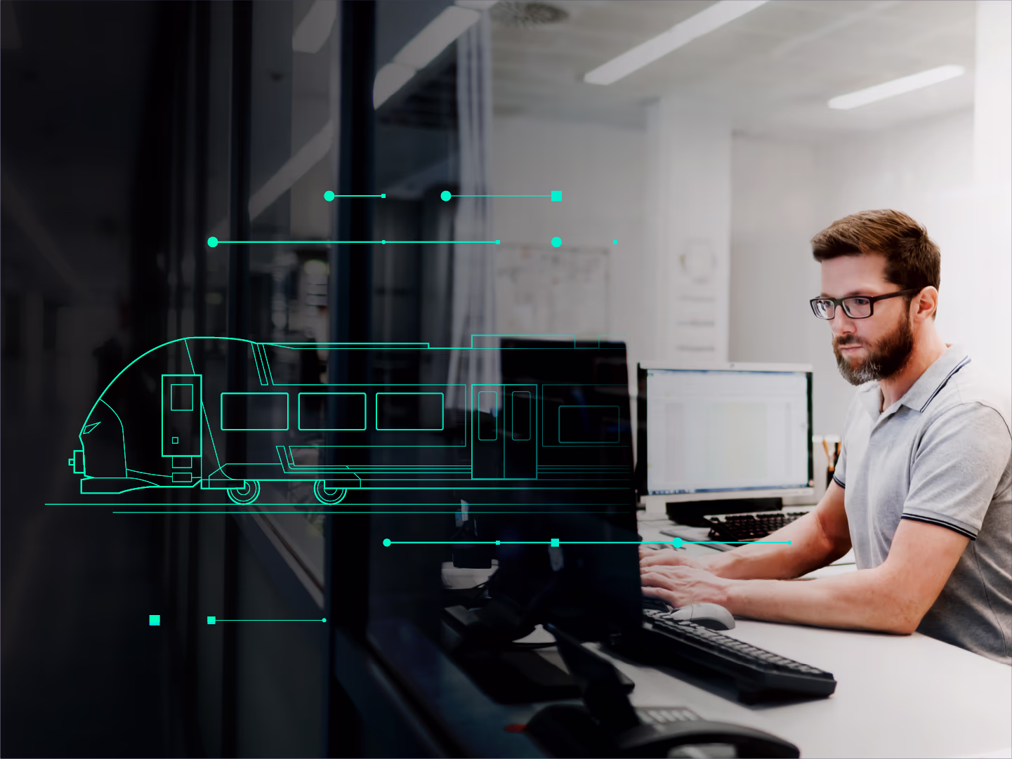 Ein Siemens-IT-Mitarbeiter sitzt vor einem Bildschirm - die Inhalte gehen fließend über in einen digitalisierten stilisierten Zug Siemens Train IT