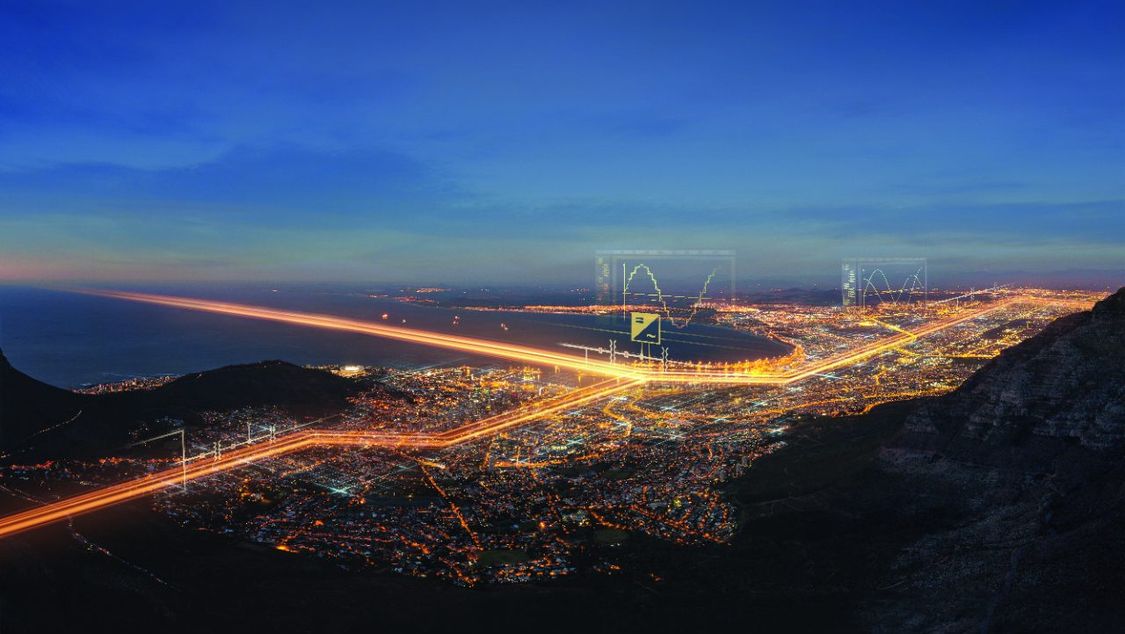 View of city from above with highlited energy grid