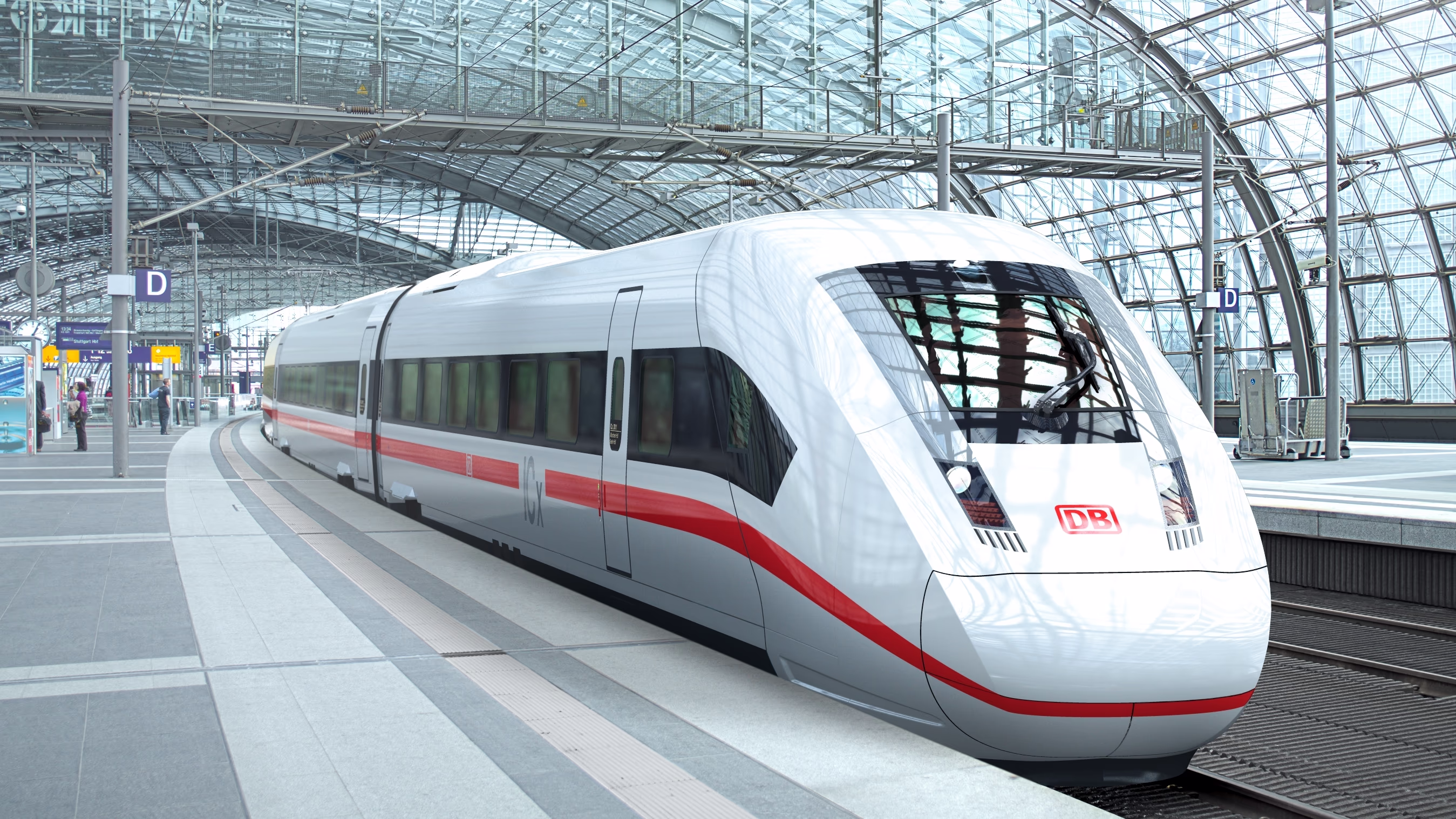 Picture of the Deutsche Bahn ICE 4 in diagonal view at the platform of a railway station. Siemens Mobility intercity train ICE 4 railway station