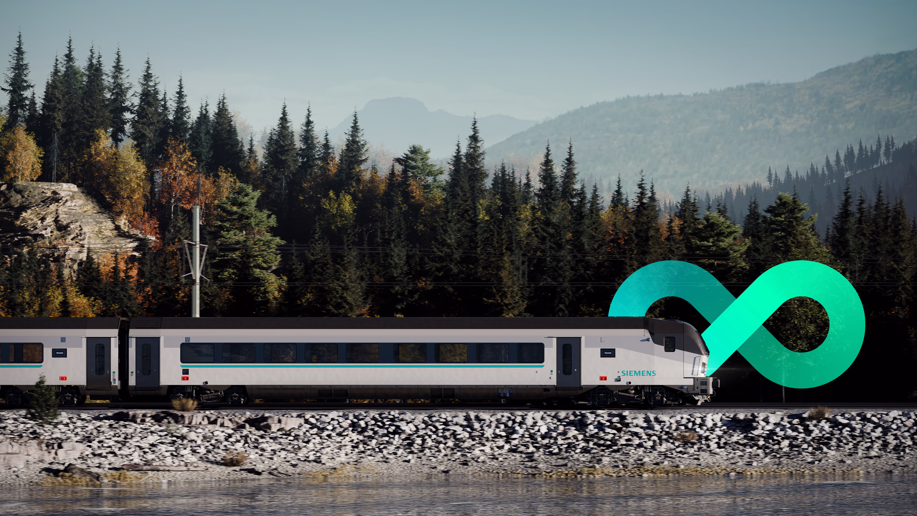 Train passing through mountain forest, infinity symbol overlay stories