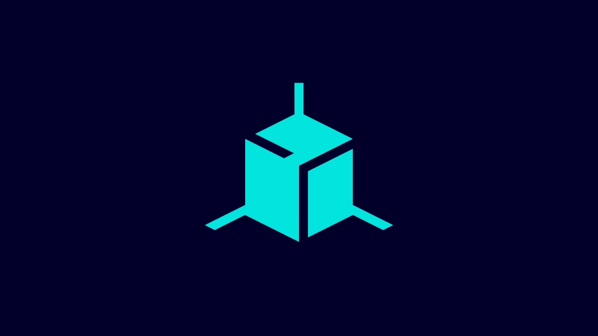 Cyanfarbenes Logo in Form eines isometrischen Würfels mit Achsenlinien auf dunkelblauem Hintergrund services-4-print-on-demand