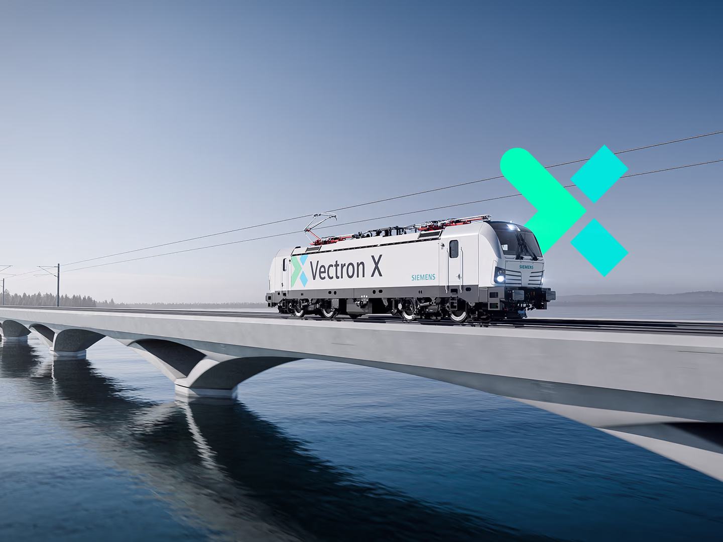 Vectron X driving across a bridge. The Xcelerator shape is visible next to the locomotive. Siemens Mobility Vectron X Key Visual Tech