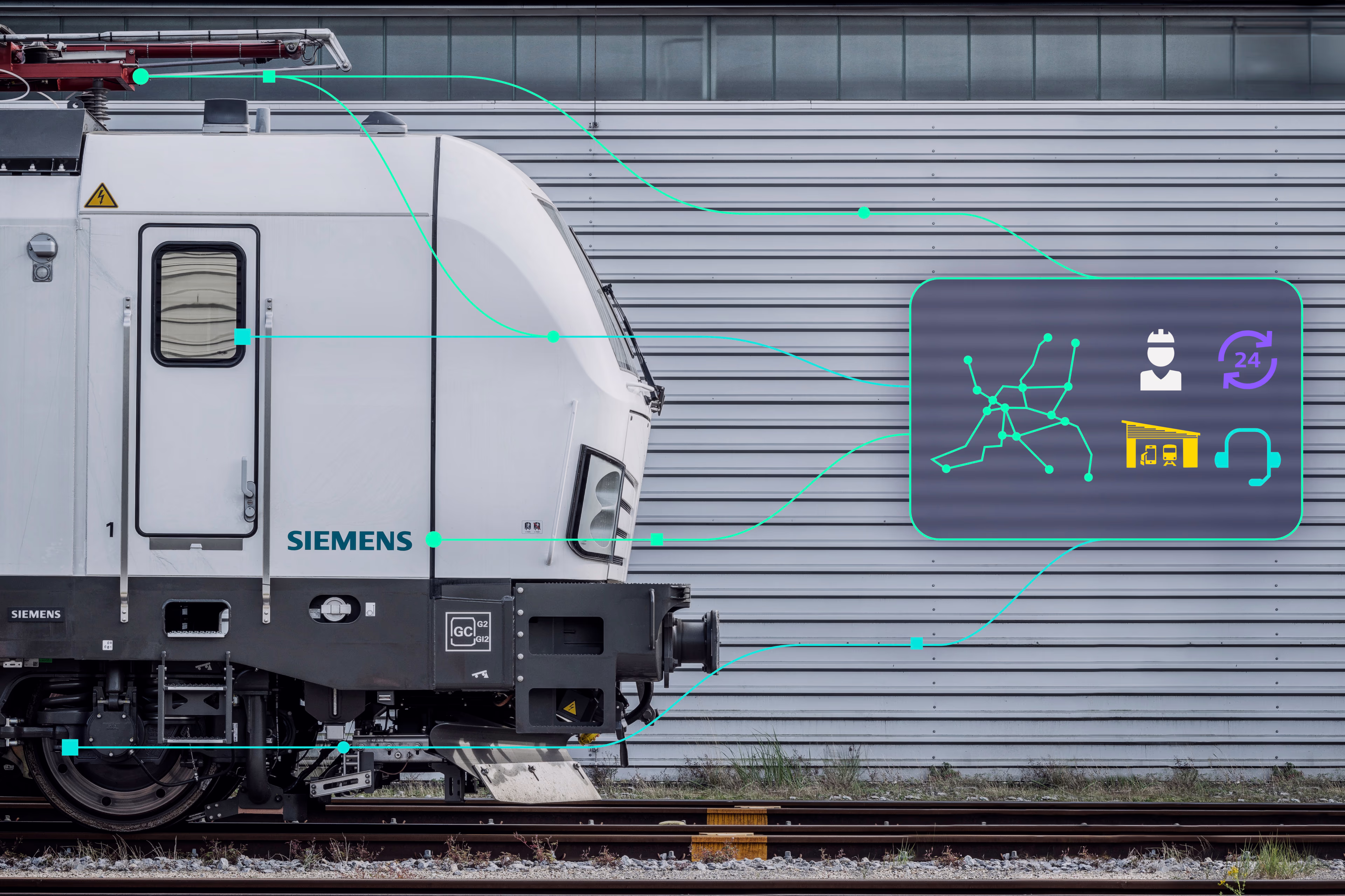 Eine Seitenansicht des vorderen Teils einer Vectron X-Lokomotive. Im rechten Bildteil sind illustrierte Icons sowie ein Streckennetz zu sehen. Data und tech lines stellen eine Verbindung zur Lok her. Key-Visual-Railcover