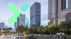 City skyline with Siemens X behind buildings