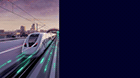 Velaro Hochgeschwindigkeits-Zug mit animierter Schrift: Nächster Halt Destination Digital mit Bahnanwendungen in der Cloud auf der InnoTrans 22.