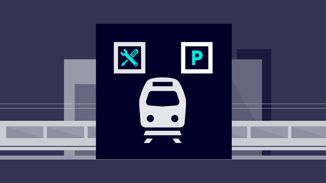 A graphic showing a stylized train with a restaurant and a parking sign in front of a metro line driving along modern buildings.