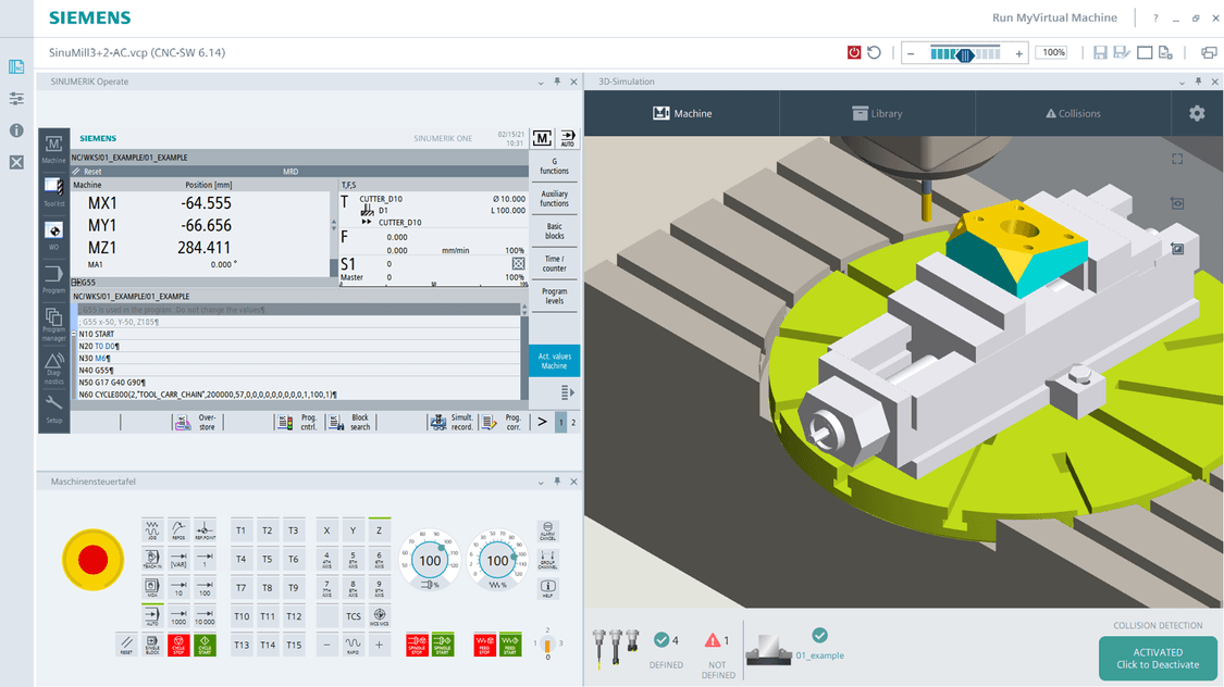 Run MyVirtual Machine /3D, makinenin sanal bir görüntüsünü sağlar. İş parçasının bağlanması ve üretimi, tüm bakış açılarıyla simülasyonda doğrulanabilir; iş parçasının kritik alanları ve tezgâh durumu için yakınlaştırma yapılabilir.