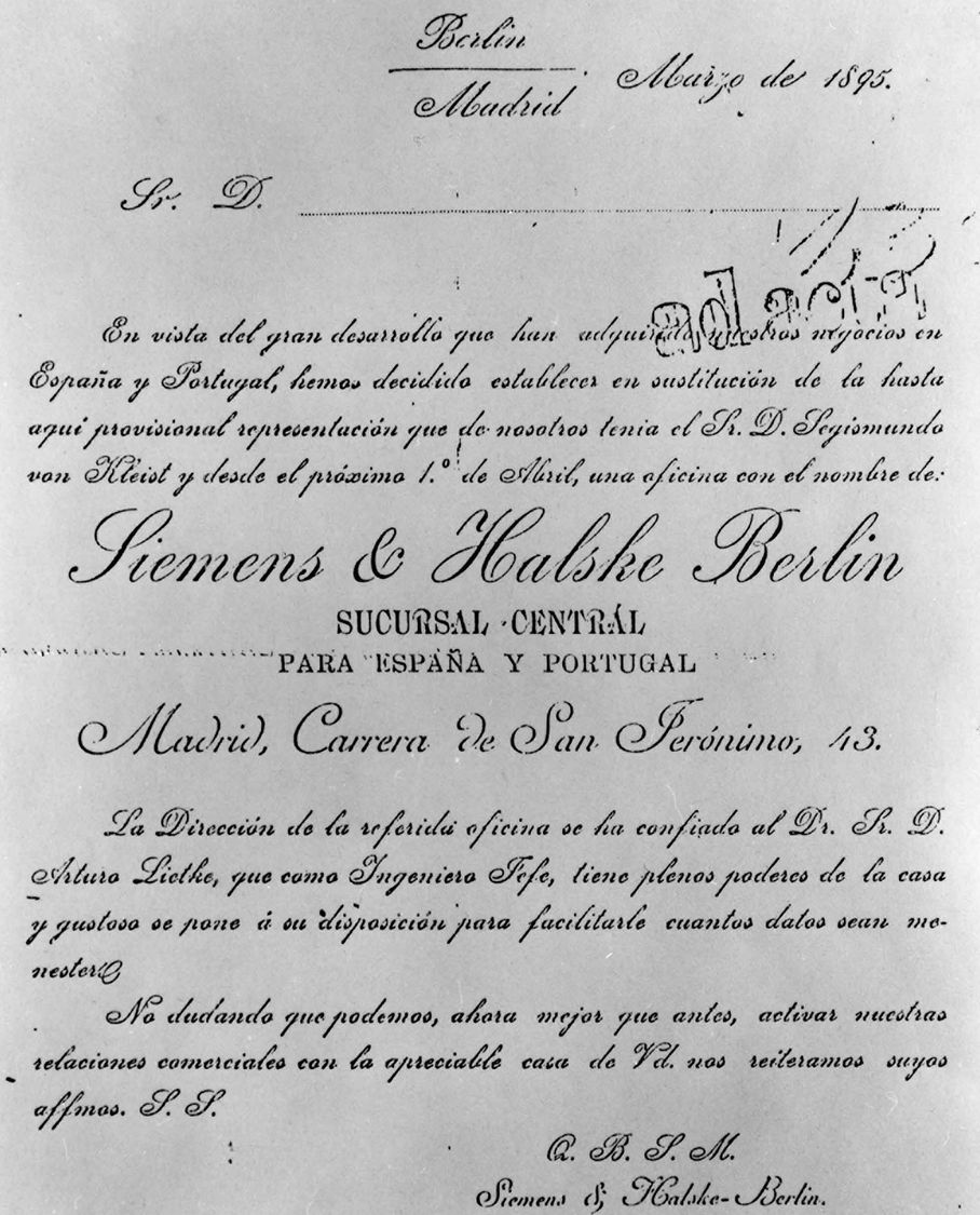 En blanco y negro - Certificado de formación de la primera oficina técnica de S&H en España, 1895