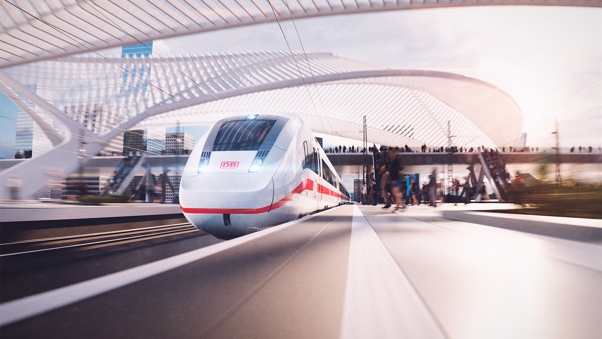 Bild des ICE 4 von Siemens Mobility in leichter Diagonalansicht in einem Bahnhof Siemens Mobility Hochgeschwindigkeitszug ICE 4