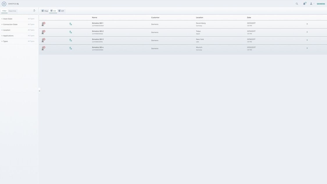 Снимок экрана приложения SIDRIVE IQ   Fleet при просмотре в виде списка        