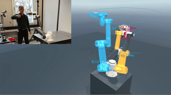 Martin Bischoff from Siemens Technology controls a (real) robotic arm in the lab. The image detail at right shows the digital twin of the robotic arm, which receives the same control signals, performing identical movements in a Unity test environment.