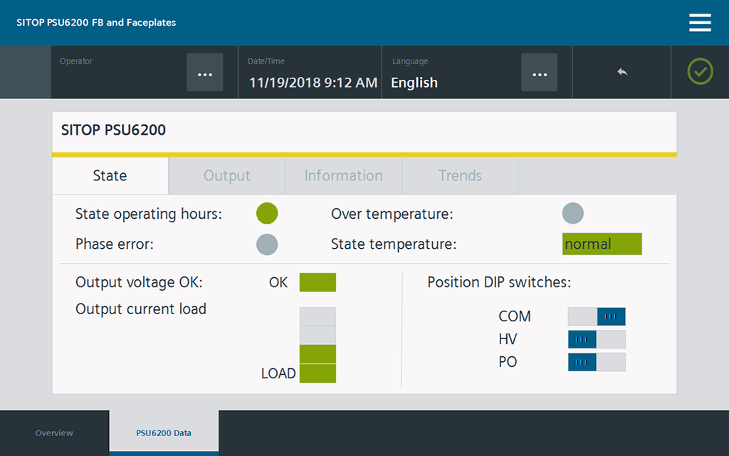 WinCC Faceplates visualize operation status and device settings clearly arranged at a glance.