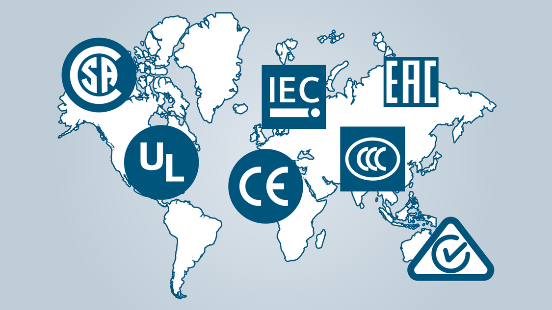 Weltkarte mit CSA, UL, IEC, CE und EAC-Logo