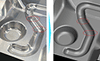 Two-part illustration: on the left, a photo of a workpiece with manufacturing defects in a round, serpentine groove; on the right, the surface reconstructed from the tool paths of the machining operation, on which the manufacturing defects are also visible