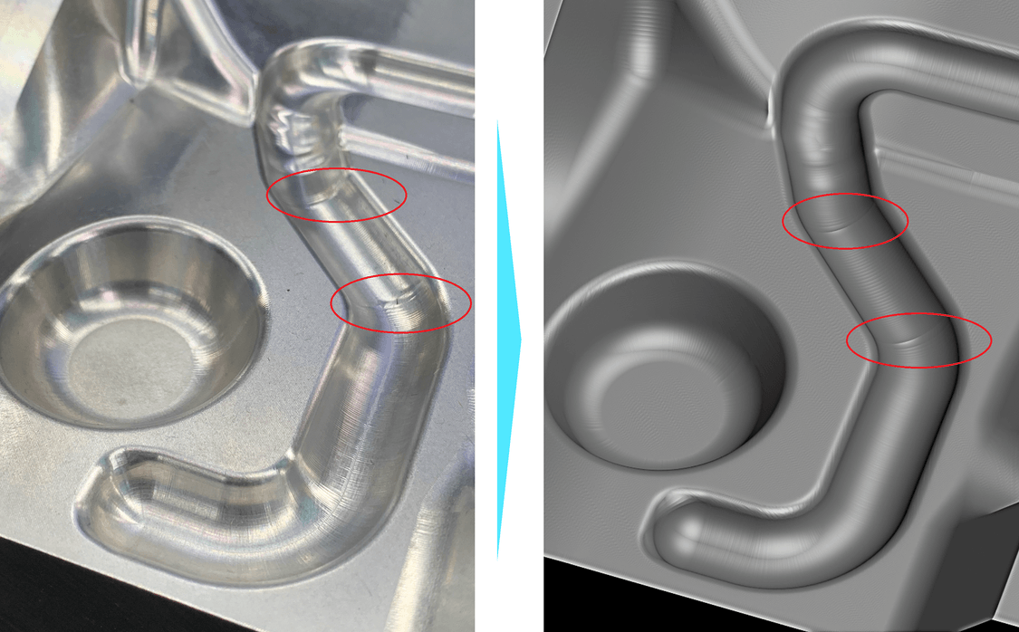 Two-part illustration: on the left, a photo of a workpiece with manufacturing defects in a round, serpentine groove; on the right, the surface reconstructed from the tool paths of the machining operation, on which the manufacturing defects are also visible