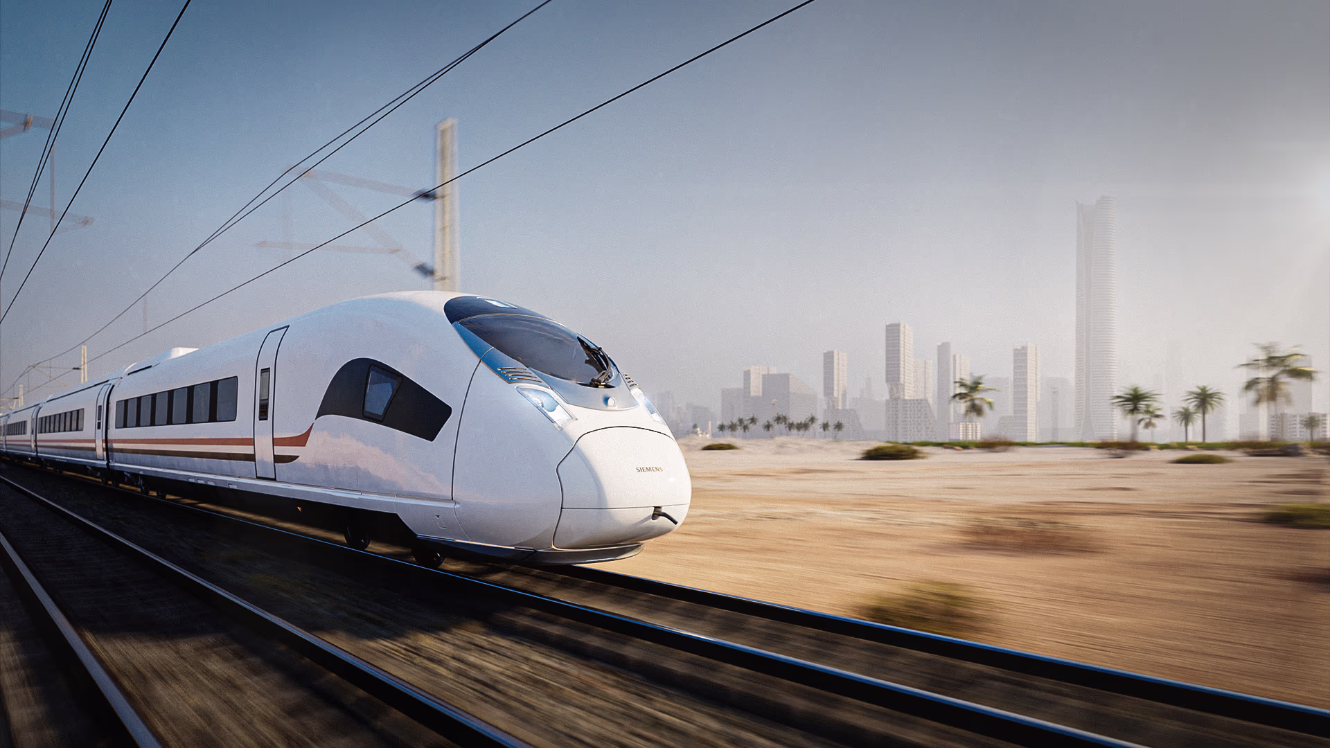 The Velaro for Egypt passes the camera. There’s a desert, palm trees and a big city in the background. Siemens Mobility Velaro for Egypt Hero Visual