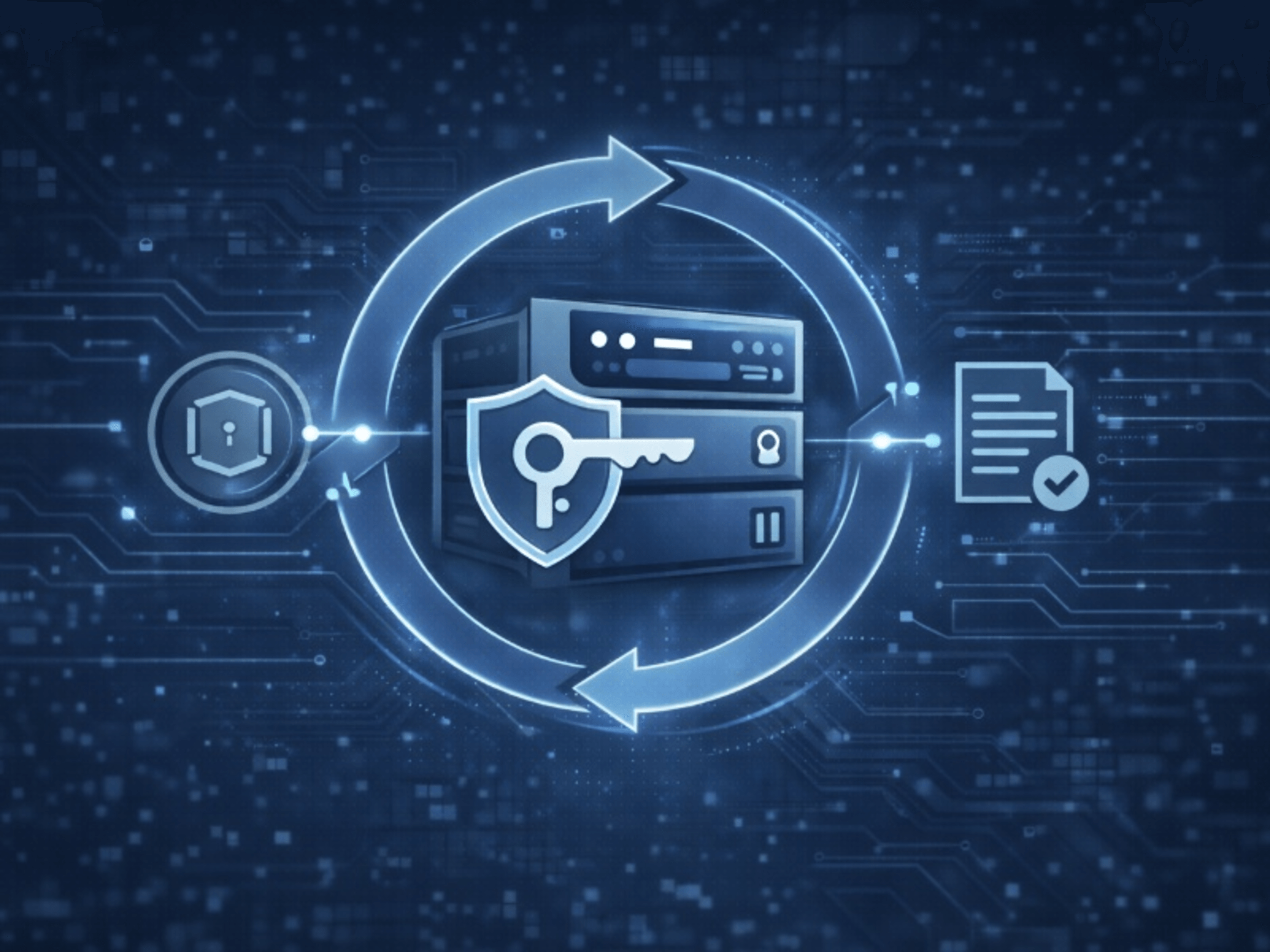 Cybersecurity concept with server and shield