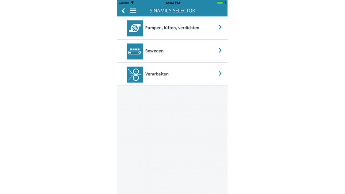 Screenshot SINAMICS SELECTOR - Applikationen