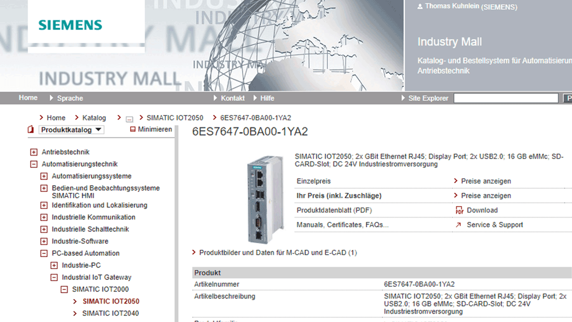 Screenshot der Industry Mall, dem Katalog- und Bestellsystem für Automatisierungs- und Antriebstechnik