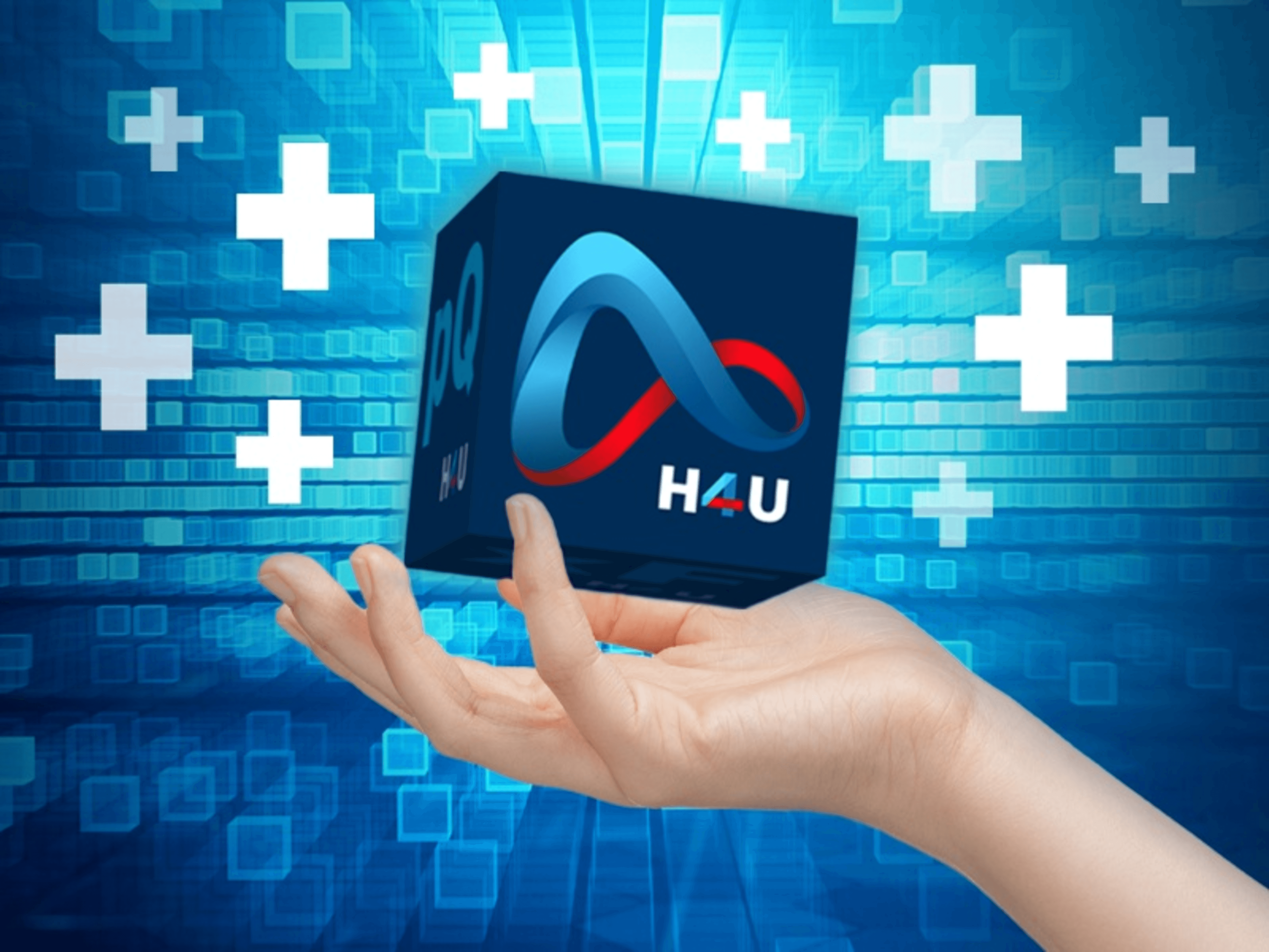 Cubo con logo H4U che tiene in mano, sfondo digitale