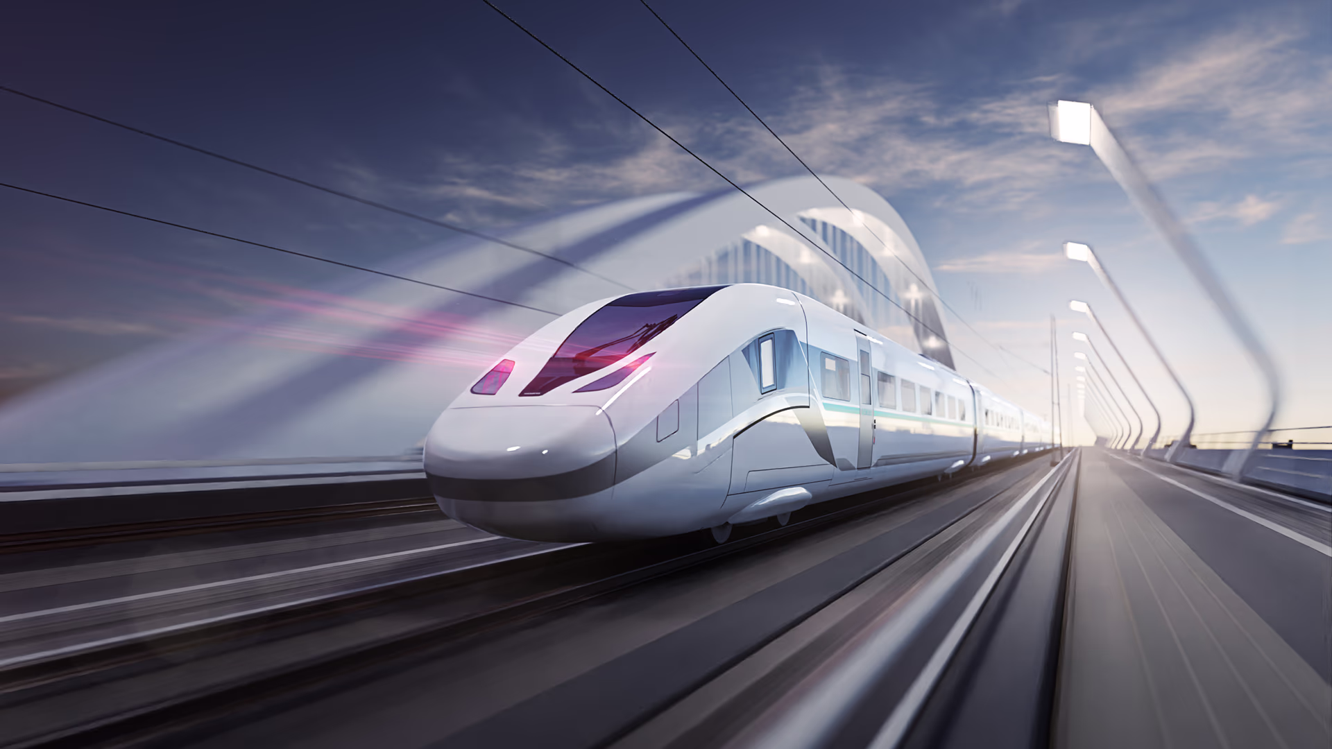 The Velaro Novo pulls into a futuristic-looking station Velaro Novo high speed train