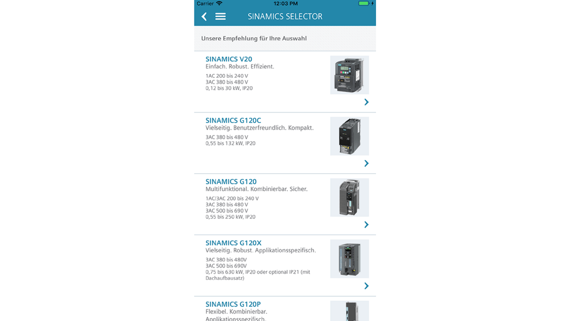 Screenshot SINAMICS SELECTOR - Produktauswahl