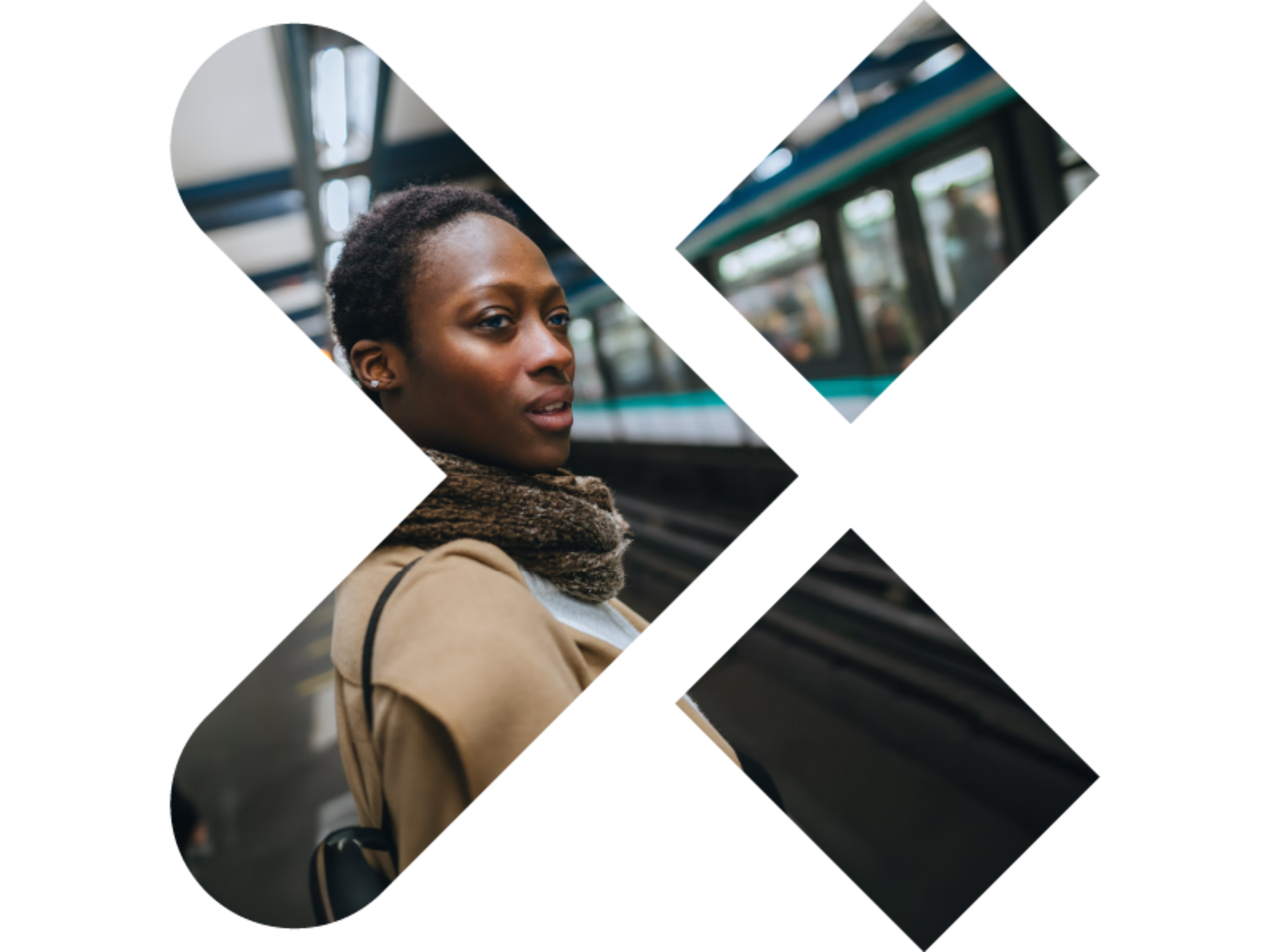 Shape of Siemens Xcelerator logo, in the background a young woman is standing on a station platform Shape of Siemens Xcelerator logo, in the background a young woman is standing on a station platform