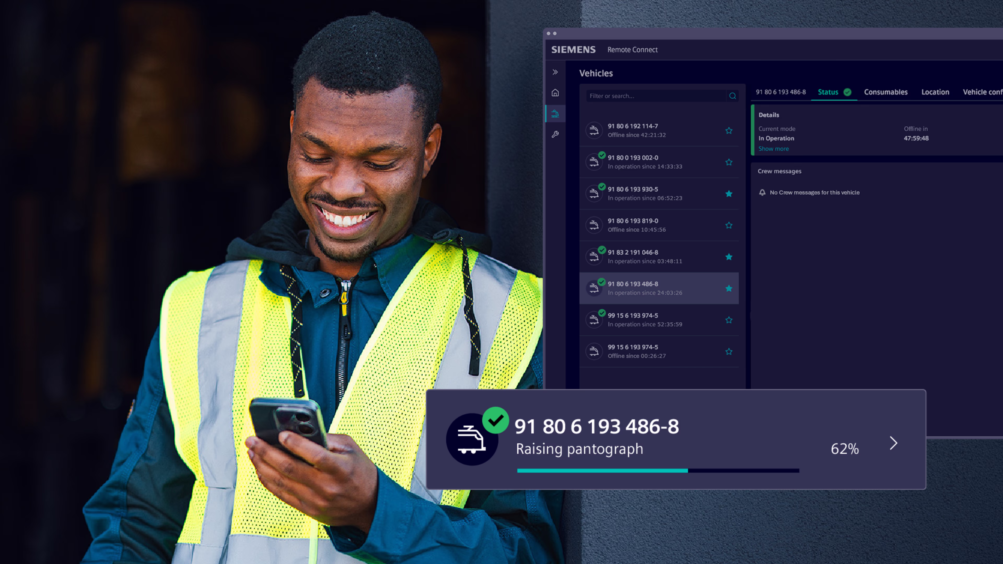 Ein Mann, der eine Warnweste trägt, schaut auf sein Handy und lächelt. Neben ihm sind Screenshots aus einer App zu sehen. Siemens Mobility Vectron X Product Bundle Vehicle Productivity