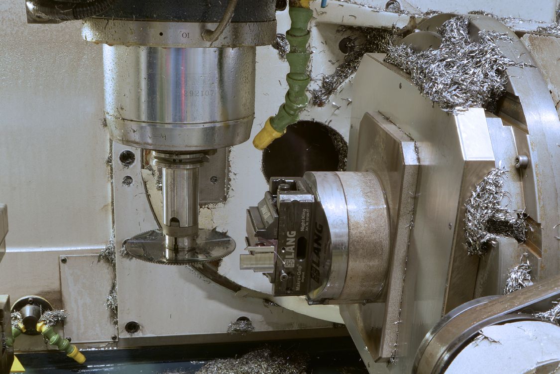 View into the workspace of a 5-axis machining center