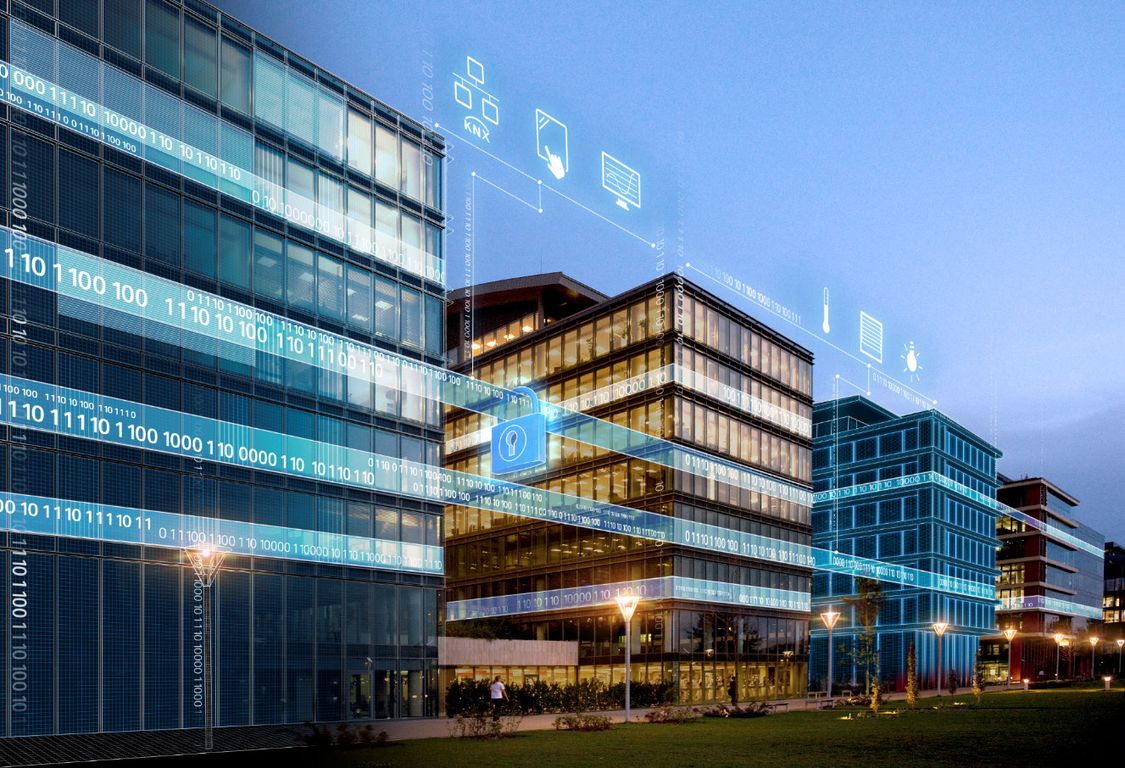 Office buildings with Opertational Technology overlayed on the facade