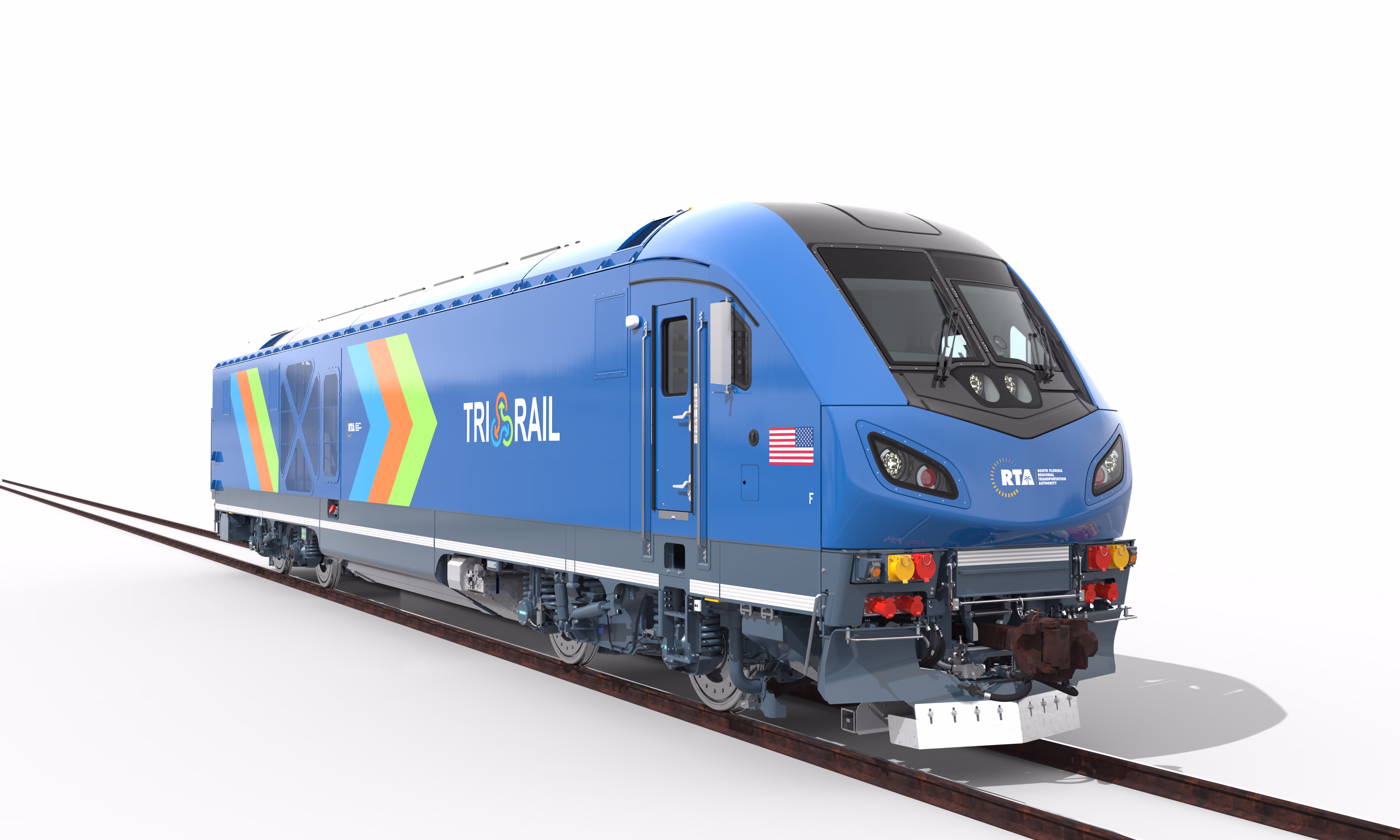 Blue Tri-Rail locomotive on tracks, colorful stripes on side Blue Tri-Rail locomotive