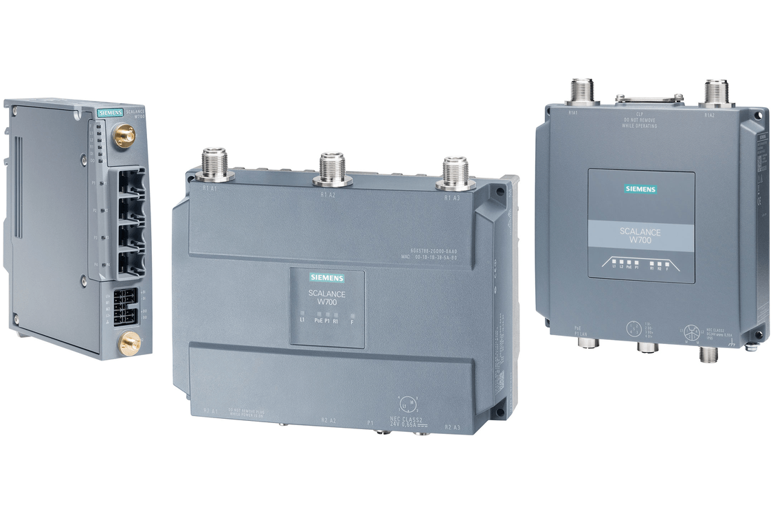 SCALANCE W770/780 Access Points and SCALANCE W730/W740 Client Modules enable Industrial Wireless LAN per the IEEE 802.11n standard, whereas SCALANCE WAM760 and SCALANCE WUM760 support IEEE 802.11ax (Wi-Fi 6)