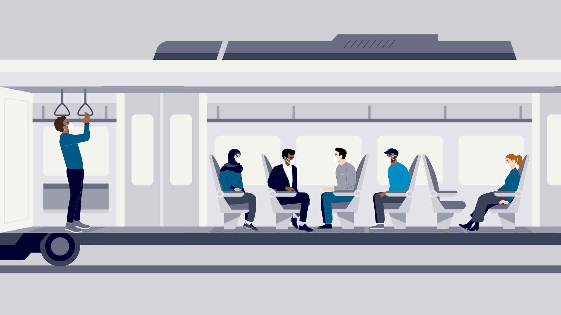 Eine kurze animierte Infografik zeigt, wie das Tragen von Masken zur Minimierung des Infektionsrisikos an Bord von öffentlichen Verkehrsmitteln beiträgt.